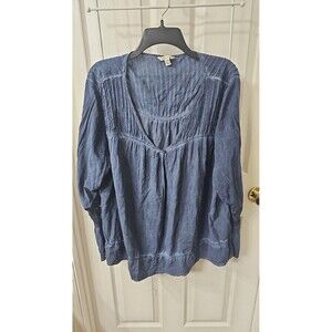 Cato Women's Plus Blue Boho Peasant Top/Crochet Lace Bell Sleeve Size 22/24W